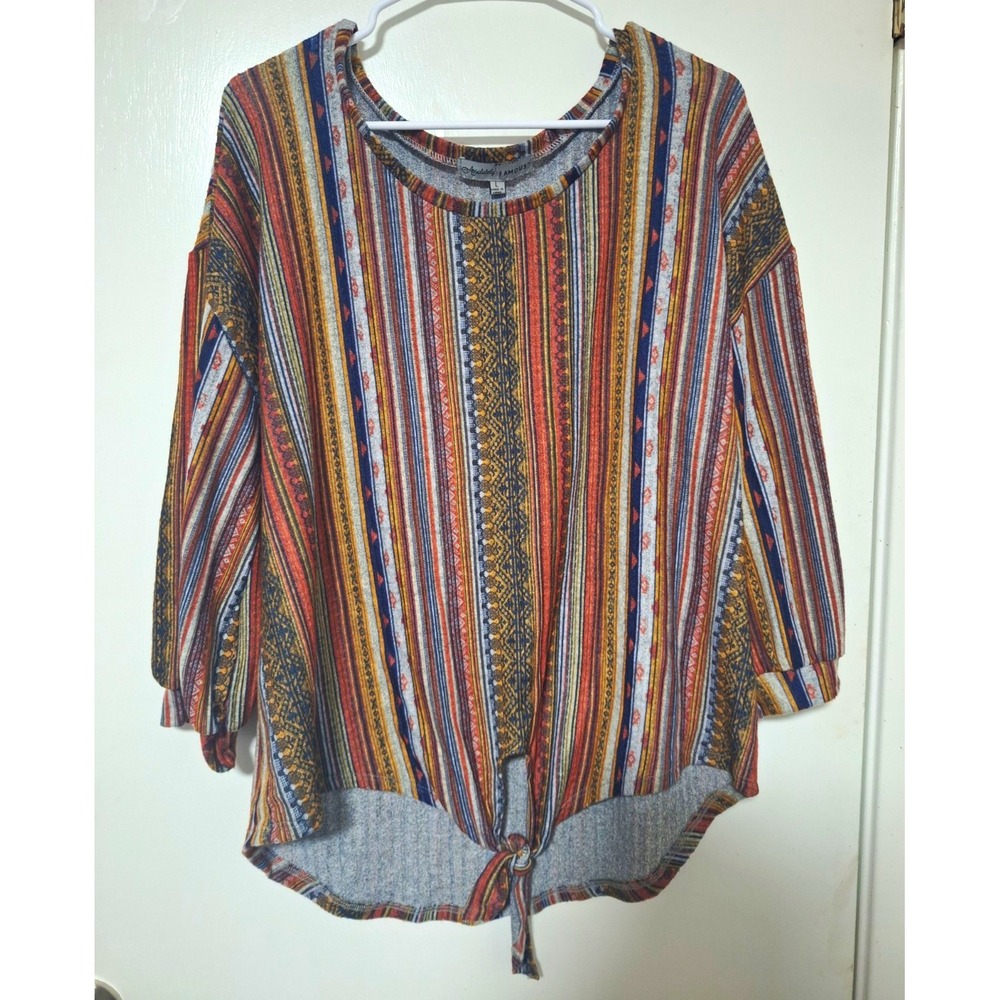 Absolutely Famous Womens Large Southwest Tribal Stripe Front Tie Knit Top Blouse